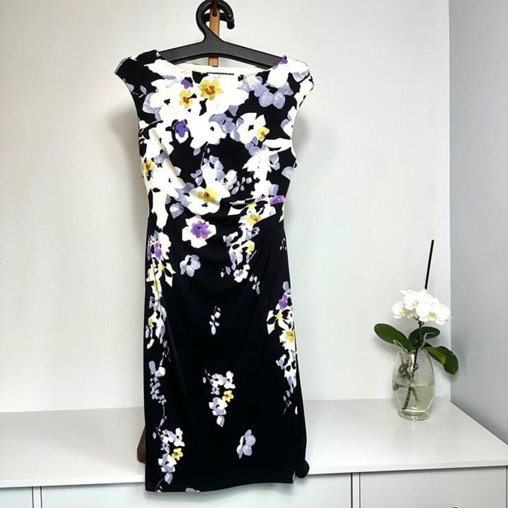 Ralph Lauren Women's 2P Floral Black White Purple Sleeveless Summer Casual Dress